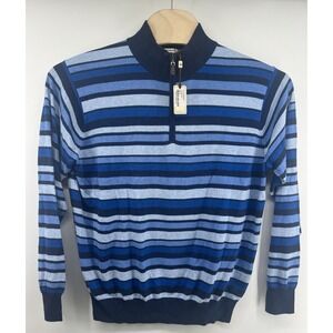 Peter Millar XL 1/4 Zip Mock Neck Sweater Cotton Cashmere Blend Blue Striped NWT